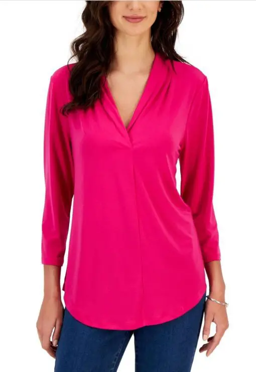 Charter Club Petite Pleat-Neck 3/4-Sleeve Top PL