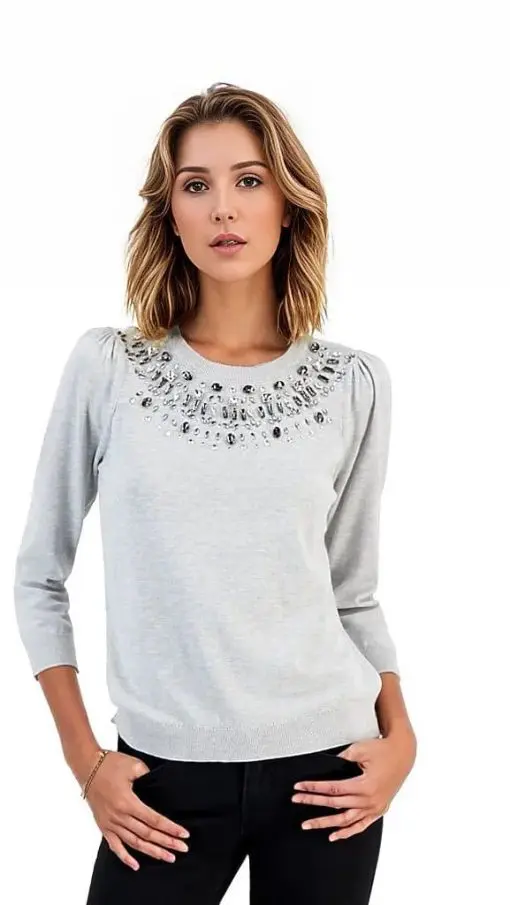 Charter Club Women's Embellished Puff-Sleeve Sweater, Grey Slate Heather SIZEM