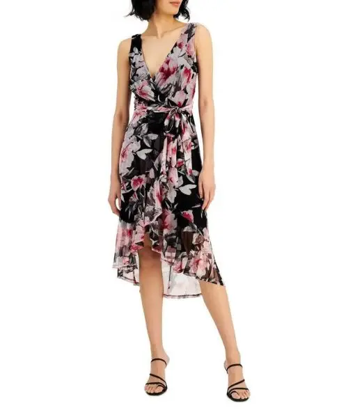 CONNECTED APPAREL WOMENS FLORAL PRINT HI-LOW PARTY WRAP DRESS 8