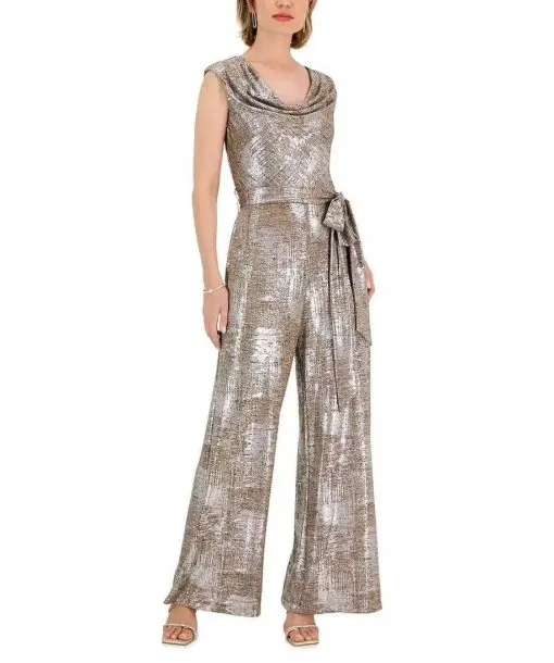 CONNECTED APPAREL WOMENS METALLIC COWL NECK PARTY JUMPSUIT 4