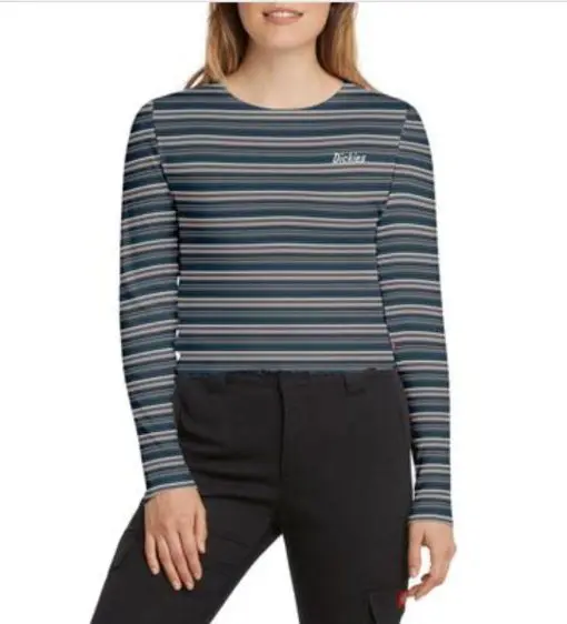 DICKIES Womens Navy Fitted Crop Baby Tee Striped Long Sleeve Crew Neck Top Juniors XS