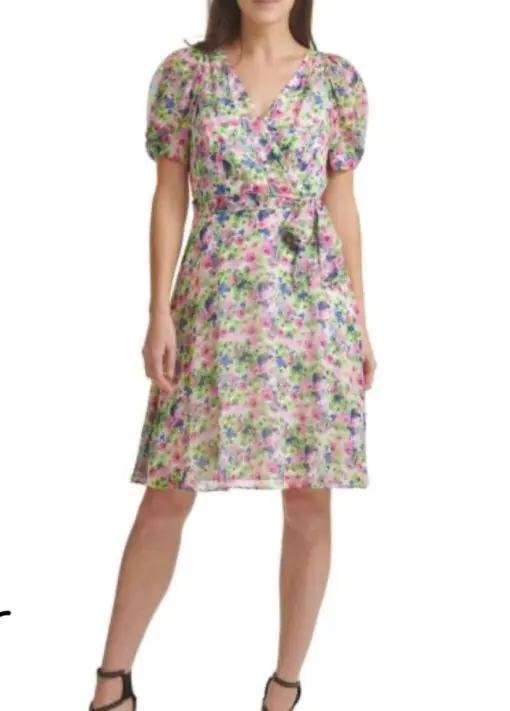 DKNY Womens Green Zippered Floral Short Sleeve Surplice Neckline Above the Knee Wear to Work Dress Size 2 (no tie)