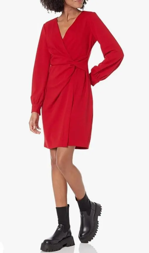 DKNY Women's Side Knot V-Neck Sheath Long Flutter Sleeve Dress 4