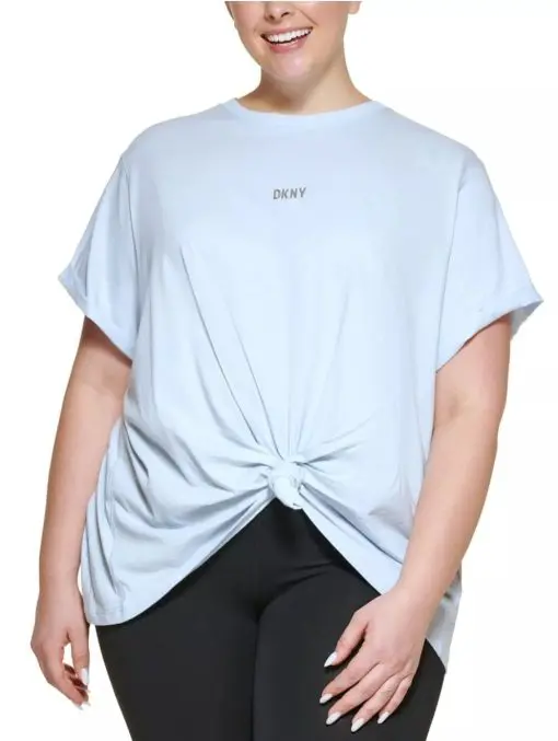 DKNY Women's Sport Plus Knot Front Metallic Logo T-Shirt Blue Size 3X