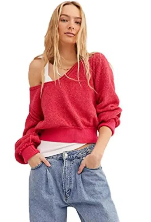 Free People Riptide V-Neck Pullover Sweater, Hot Pink Combo, X-Large