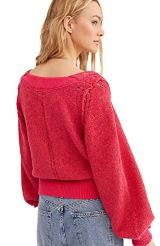 Free People Riptide V-Neck Pullover Sweater, Hot Pink Combo, X-Large - Image 3