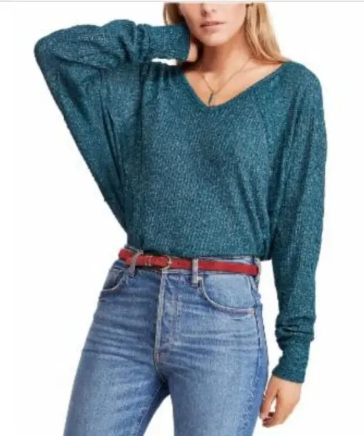 FREE PEOPLE Womens Teal Long Sleeve V Neck Blouse M