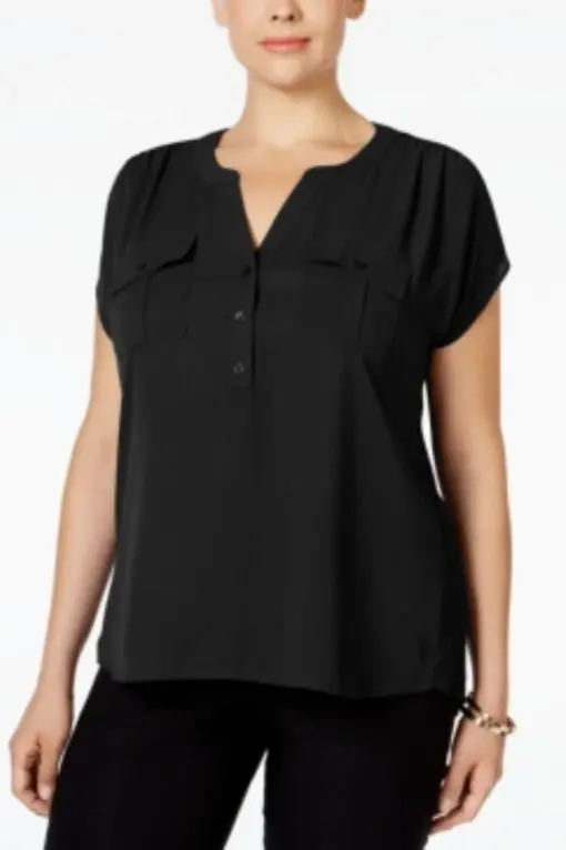 I.n.c. International Concepts Plus Size Woven-Front V-Neck Top, - Deep Black 3X