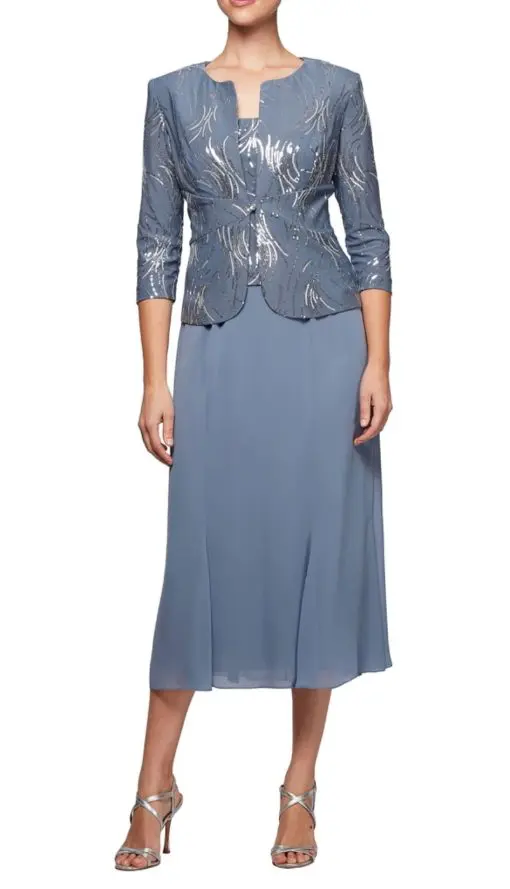 Alex Evenings 2-Piece Steel Blue Midi Dress &Jacket 6P