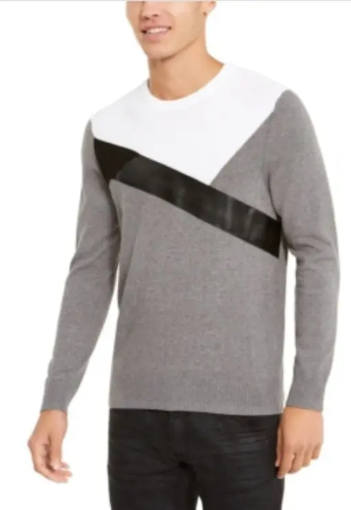 INC Mens Gray Color Block Long Sleeve Crew Neck Classic Fit Cotton Sweater 3XL