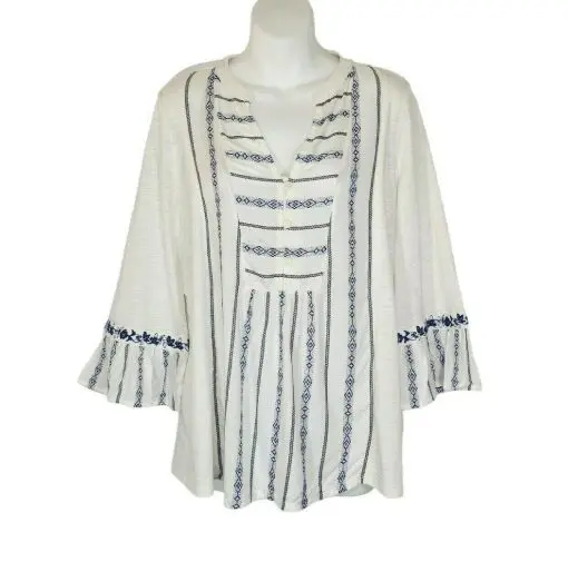 J. Jill Boho Bell Sleeve Embroidered V Neck M