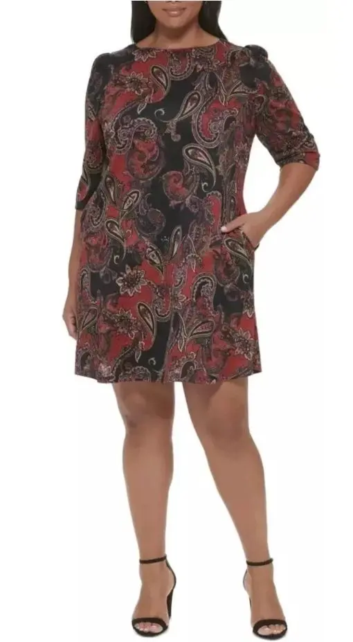 Jessica Howard Plus Womens Knit Paisley Shift Dress Black Red Size 3X