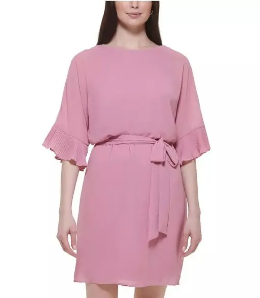 JESSICA HOWARD WOMENS PINK BLOUSON PLEATED CUFF TIE BELT MINI DRESS 16