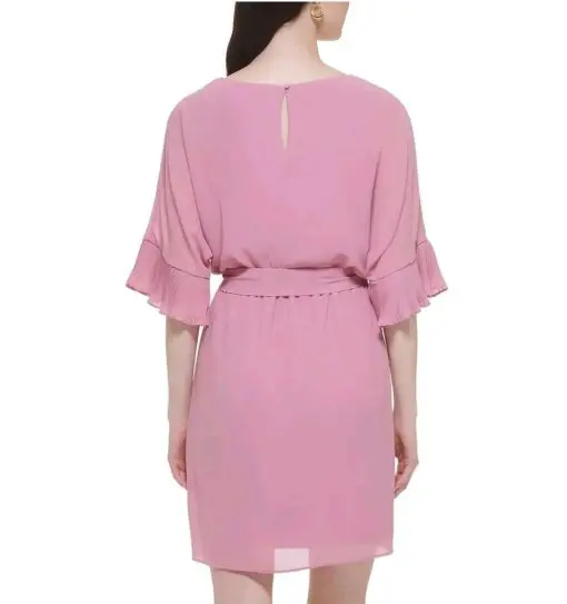 JESSICA HOWARD WOMENS PINK BLOUSON PLEATED CUFF TIE BELT MINI DRESS 16 - Image 2