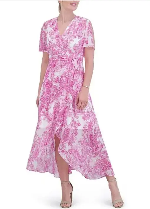 Jessica HowardPetite Size Short Sleeve V-Neck Tie Waist Paisley Print Faux Wrap Maxi Dress 8