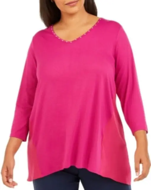 JM Collection  Women's Plus Size Studded Mixed-Media Top Pink Size 2X