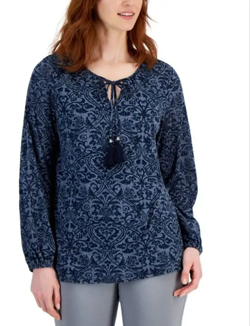 Jm Collection Women's Printed Peasant Blouse,  Intrepid Blue M