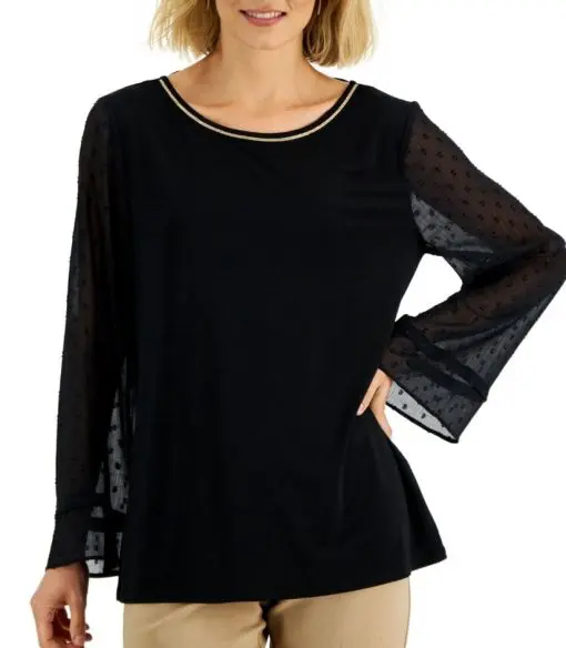 Jm Collection Women's Sequin-Neck Sheer-Sleeve Top, - Deep Black XL