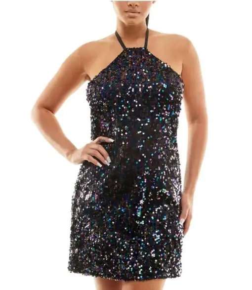 JOLT WOMENS SEQUINED MINI HALTER COCKTAIL AND PARTY DRESS JUNIORS L