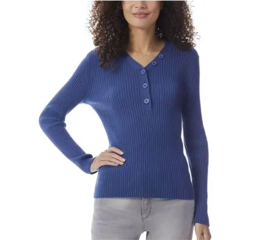 JONES NEW YORK Womens Blue Ribbed Y-neck Button Up Long Sleeve Top L