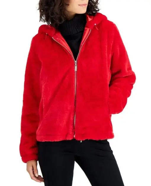 Jou Jou Junior's Hooded Faux Fur Coat Red Size XS