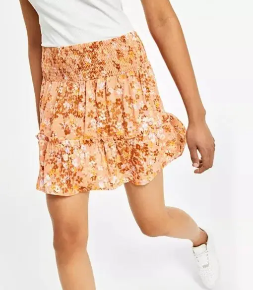 Juniors' Printed Smocked-Waist Mini Skirt M