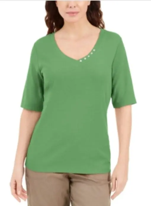 Karen Scott Button-Detail V-Neck Top, XL