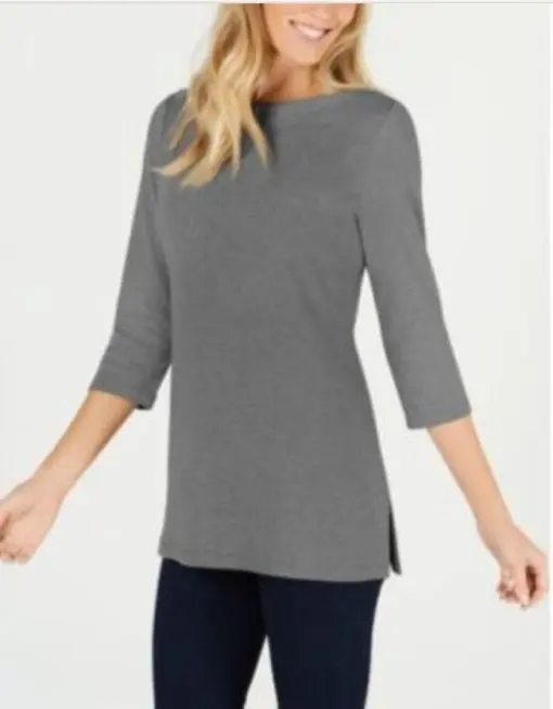 Karen Scott Cotton Boat-Neck 3/4-Sleeve Knit Top - Charcoal Heather XXL