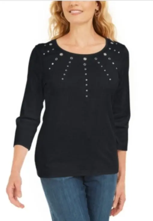 Karen Scott Cotton Grommet-Embellished Top, L - Deep Black