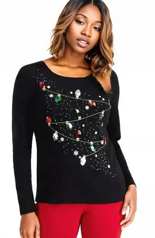 Karen Scott Graphic Sequined Christmas Lights Top M