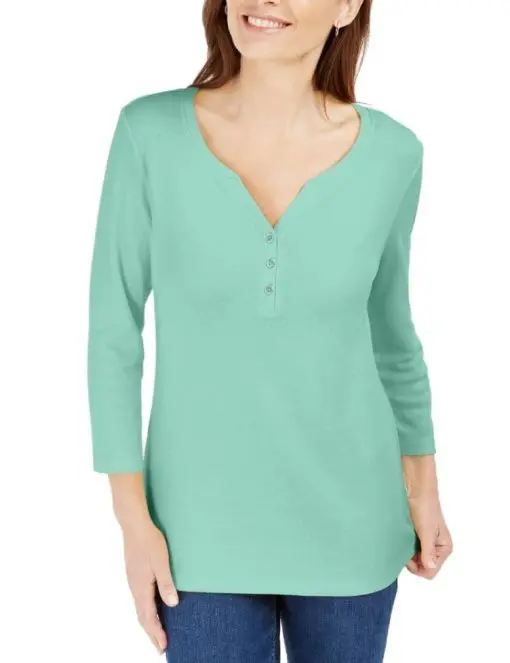 Karen Scott Petite 3/4-Sleeve Henley Shirt Aqua Ice