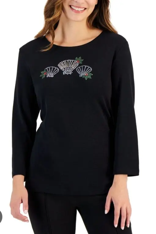 Karen Scott Petite Holiday Print 3/4-Sleeve Tops, Deep Black Shells M