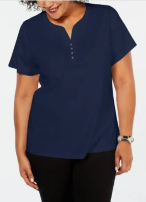 Karen Scott Plus Size Cotton Henley Top, 3X Intrepid Blue