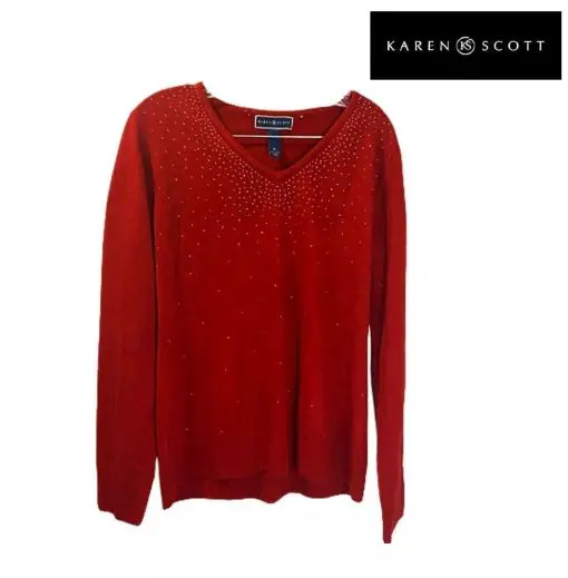 Karen Scott Red V-Neck Rhinestone Embellished Pullover Sweater XXL