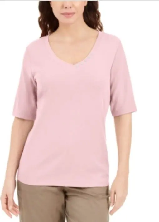 Karen Scott Women S Button-Detail V-Neck Top Pink Size Large