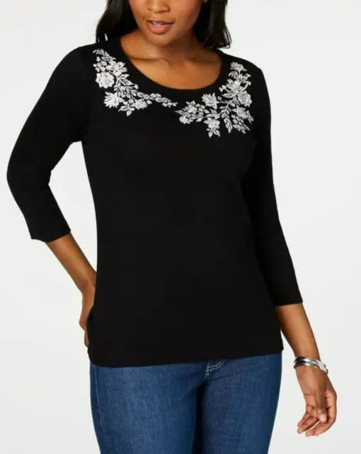 Karen Scott Women S Embroidered 3/4 Sleeve Top Black Size Petite Small