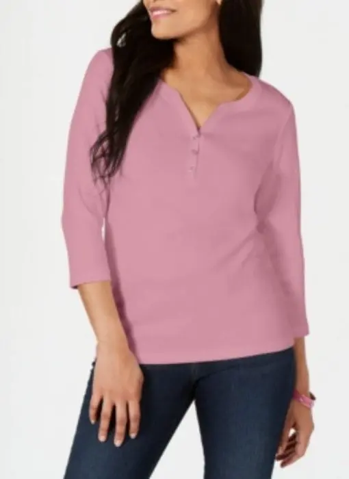 Karen Scott Women S Petite Cotton Henley Shirt Pink Size  Petite Medium