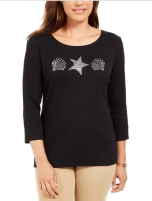 Karen Scott Women S Studded Seashell Top Black - Size Large