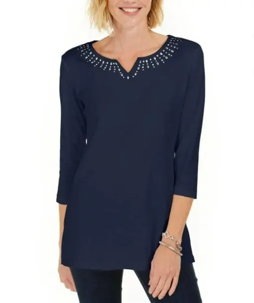 Karen Scott Women's Cotton Studded Split Neck Top Blue Size M