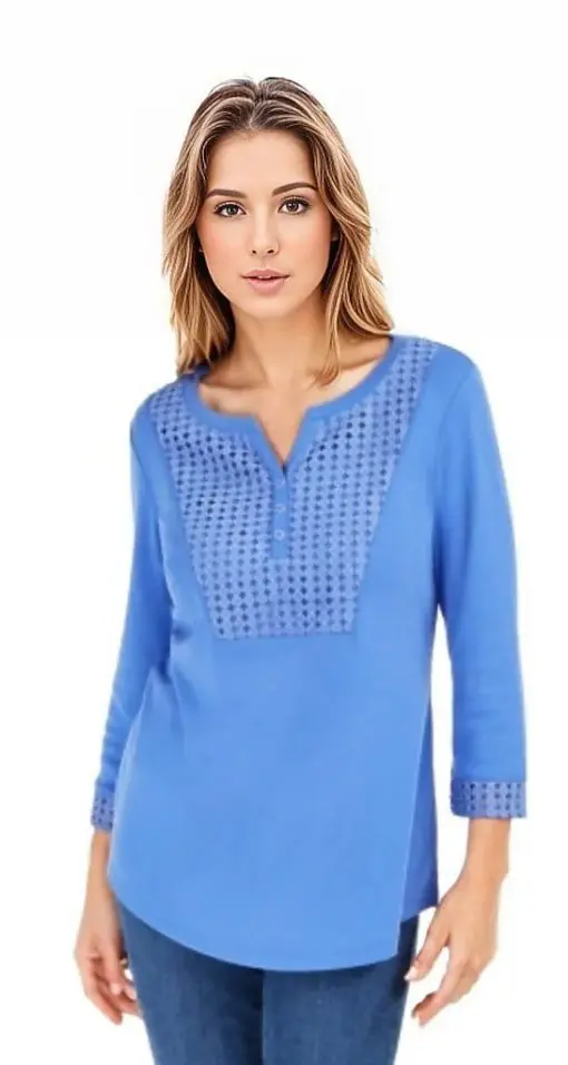 Karen Scott Women's Crochet-Bib Henley Top Blue Size Extra Large