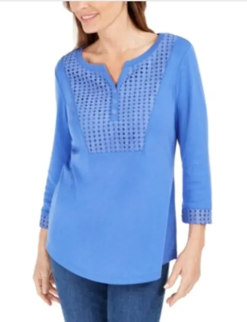 Karen Scott Women's Crochet-Bib Henley Top Blue Size Extra Large