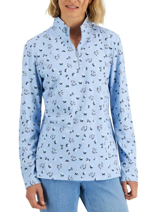 Karen Scott Women's Diana Daisy Printed Quarter-Zip Top, XS - Crescendo Blue