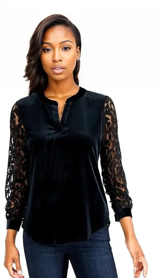 Kasper Lace-Sleeve Velvet Top - Black L