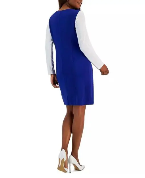 KASPER WOMENS BLUE KNOT NECK COLORBLOCK MIDI SHEATH DRESS XS - Image 2