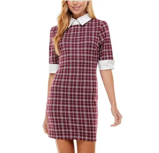 KINGSTON GREY Womens Purple Zippered Unlined Cuffed Plaid Elbow Sleeve Point Collar Short Sheath Dress XS