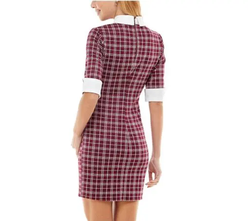 KINGSTON GREY Womens Purple Zippered Unlined Cuffed Plaid Elbow Sleeve Point Collar Short Sheath Dress XS - Image 2