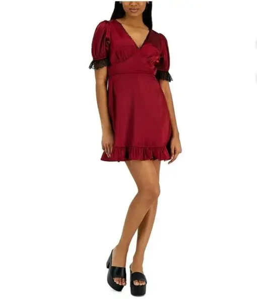 Kit & Sky Womens Juniors Satin Lace-Trim Cocktail and Party Dress S