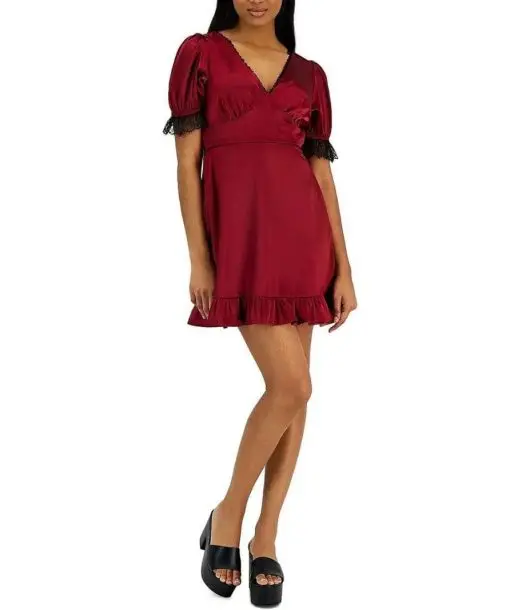 KIT & SKY WOMENS SATIN LACE-TRIM COCKTAIL AND PARTY DRESS JUNIORS L