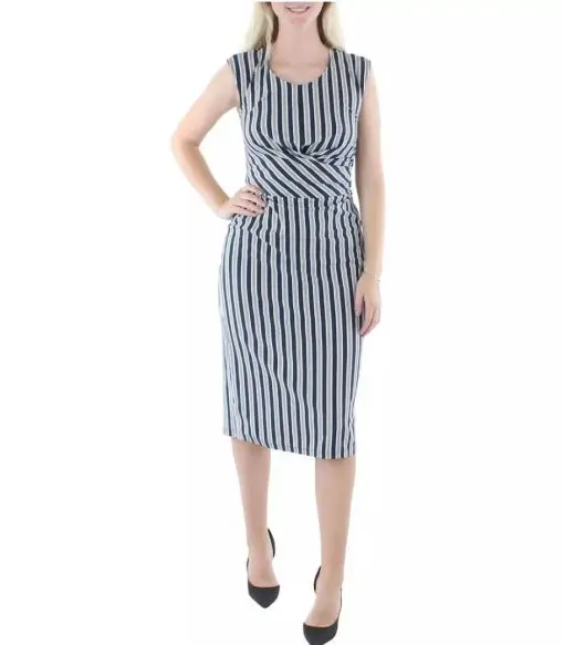 LAUREN RALPH LAUREN WOMENS STRIPED CALF CAP SLEEVE MIDI DRESS 16