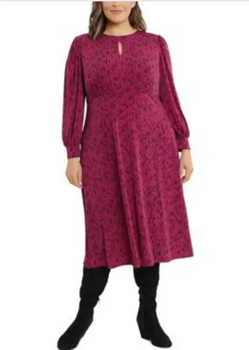 London Times Plus Size Printed Fit & Flare Dress - Wine Combo 18W